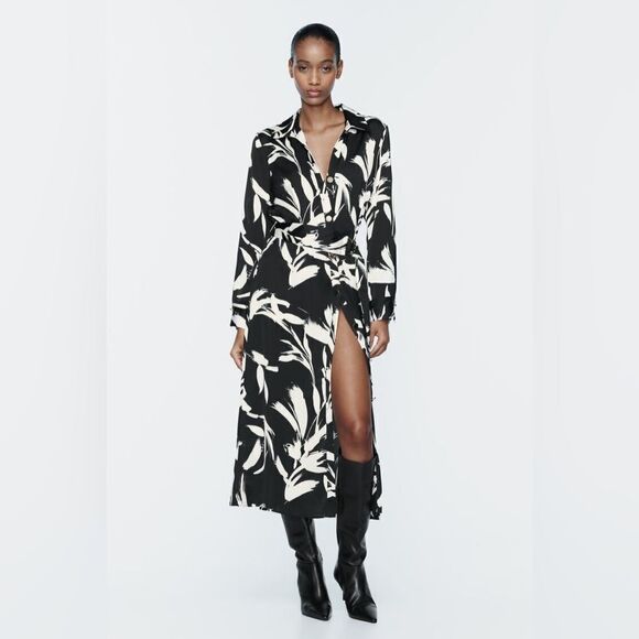 Zara Dresses & Skirts - Zara Satin Printed Belted Dress New